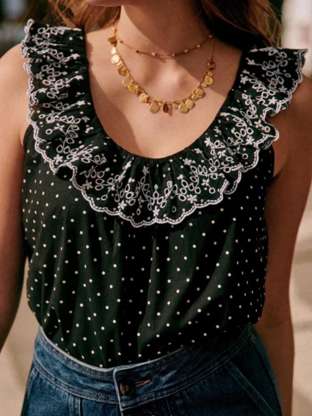 NWT Sezane Rosa Blouse in Black Polka Dots Ecru Sleeveless Embroidered Size 2 - Picture 3 of 5